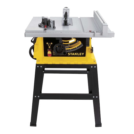 STANLEY SST1801-B3 table saw with yellow base and black stand, front angle on white background.