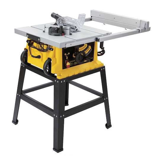 STANLEY SST1801-B3 yellow and black table saw with stand, side angle, white background.