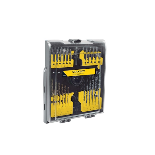 STANLEY STA4107 drill and screwdriver bit set in clear plastic case, product photo on white background.