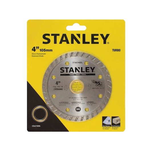Photo of STANLEY STA47400B diamond blade, 4 inch, silver color, in retail packaging, front angle.