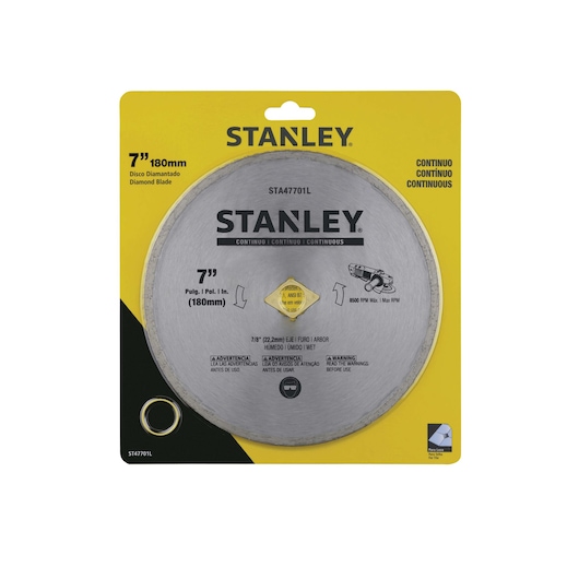 STANLEY STA47701L diamond blade, 7 inch, silver, front angle, packaged in yellow and black card.