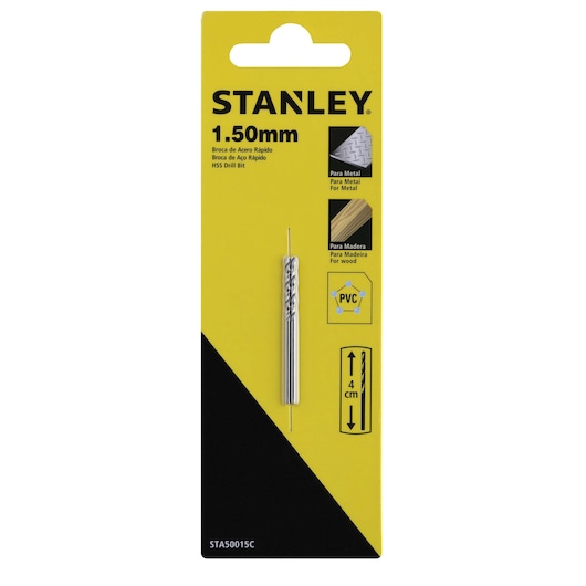 STANLEY STA50015B HSS drill bit 1.50mm in retail packaging, yellow and black background, front angle.