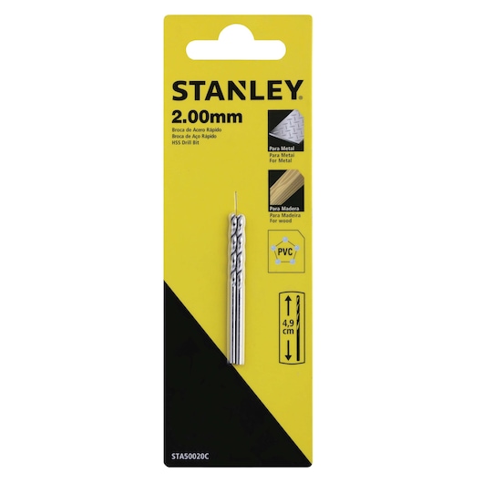 STANLEY STA50020C HSS drill bit 2.00mm in retail packaging, shown front view on white background.