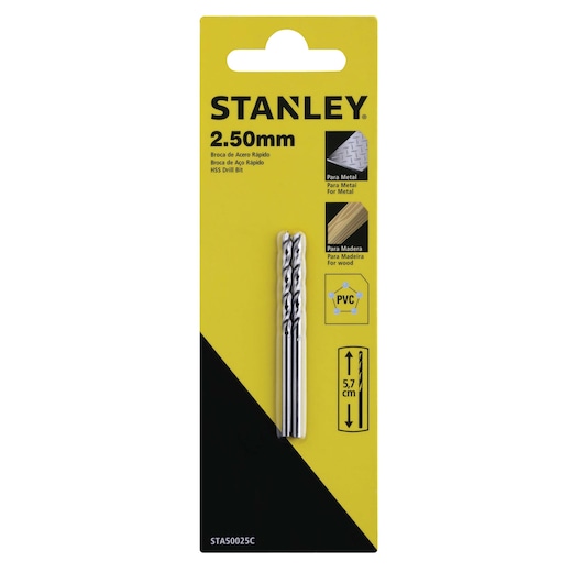 STANLEY STA50025B HSS drill bits 2.50mm, photo of front packaging with two silver bits for metal, wood, PVC.