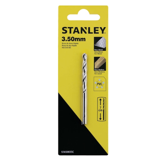 STANLEY STA50035C HSS drill bit 3.50mm for metal, wood, PVC, front view on yellow packaging.