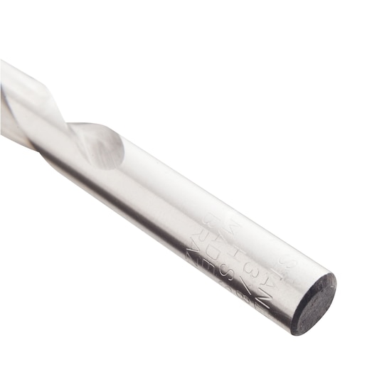 Stanley STA50038C drill bit, silver metal, close-up angle, smooth cylindrical shaft and spiral fluting.