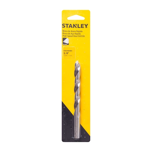 STANLEY STA50038C high speed steel drill bit, 3/8 inch, in retail packaging, front angle on white background.