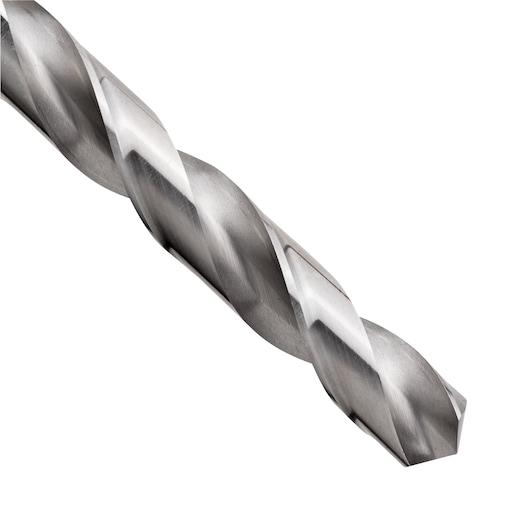 STANLEY STA50058T drill bit close-up, silver metal finish, spiral design, photography on white background.