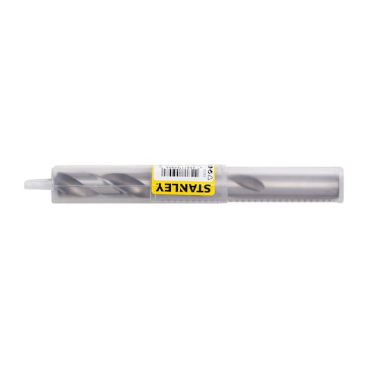 STANLEY STA50058T drill bit in transparent plastic case, front view, with yellow label and barcode.