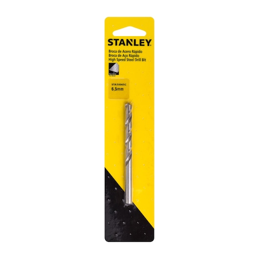 STANLEY STA50065C high speed steel drill bit 6.5mm in retail packaging, front angle on white background.