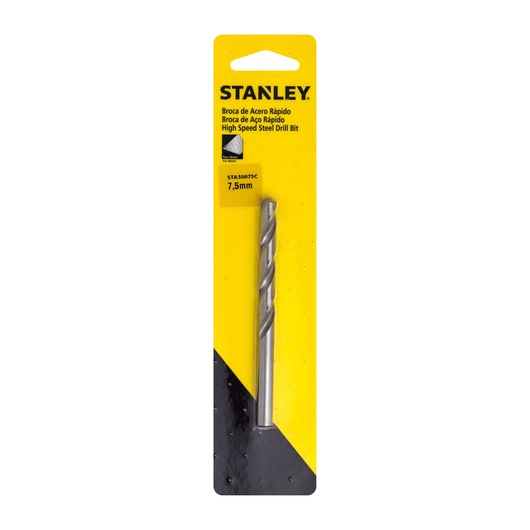 STANLEY STA50075C high speed steel drill bit 7.5mm in retail packaging, front view on white background.