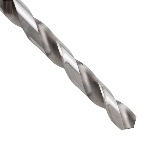 STANLEY STA50085B drill bit photography, angled view, silver metal spiral design, white background.