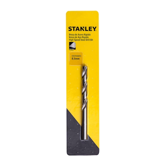 STANLEY STA50085C high speed steel drill bit, 8.5mm, in yellow and black retail packaging, front view.