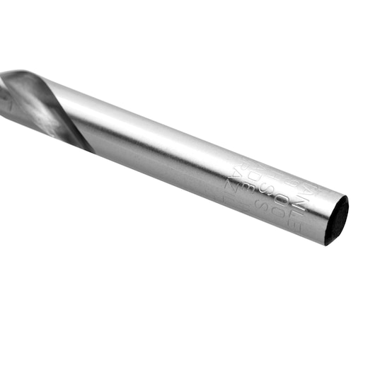 STANLEY STA50090C metal drill bit, side angle, silver finish, engraved details, on white background.