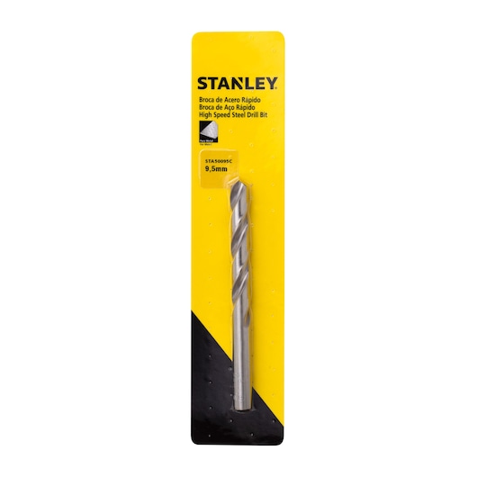 STANLEY STA50095C high speed steel drill bit in 9.5mm size, packaged in yellow and black card, front view.