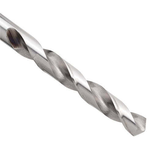 STANLEY STA50105B silver twist drill bit, close-up of drill tip on white background, photography product image.