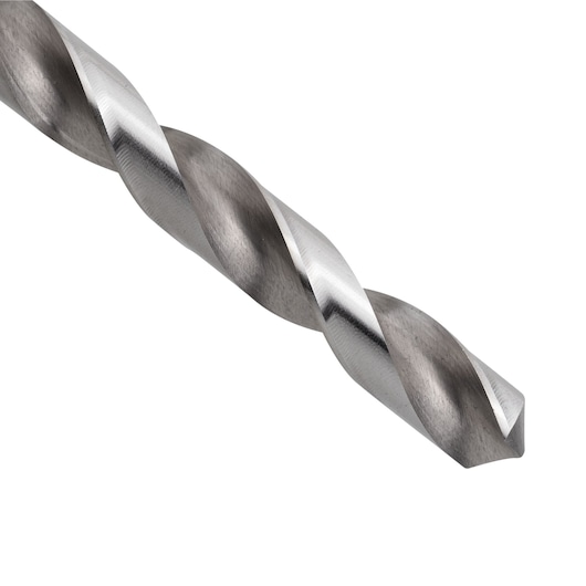 STANLEY STA50110C metal drill bit close-up on white background, showing spiral flutes and sharp cutting edge.