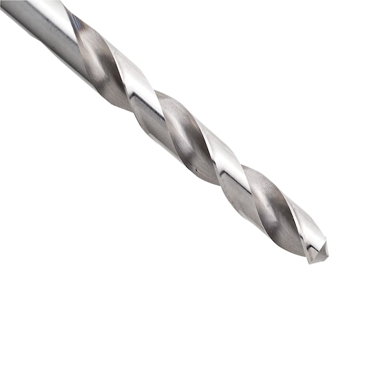 STANLEY STA50115B metal drill bit, side angle, silver finish, spiral flutes, photography on white background.