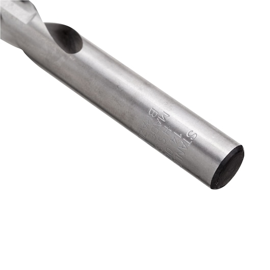 STANLEY STA50140T steel drill bit close-up, cylindrical shape, etched markings, photography on white background.