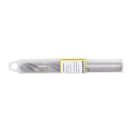 Photo of STANLEY STA50150T drill bit in transparent plastic case, side angle, label visible.
