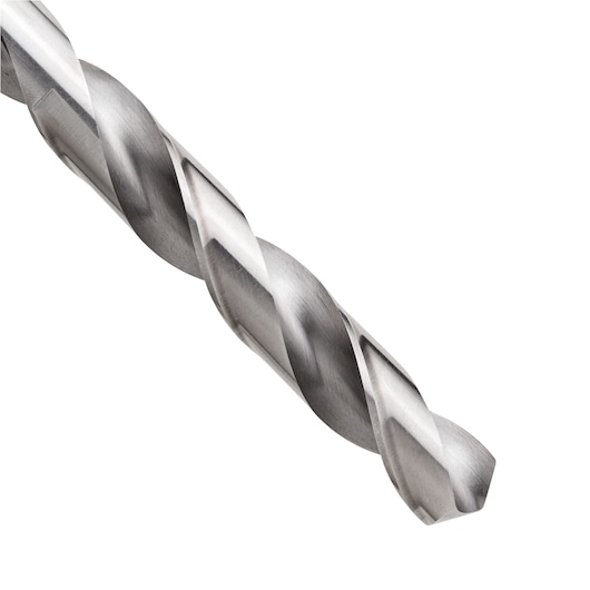 STANLEY STA50160T metal drill bit close-up on white background, showing spiral flutes and sharp cutting edge.