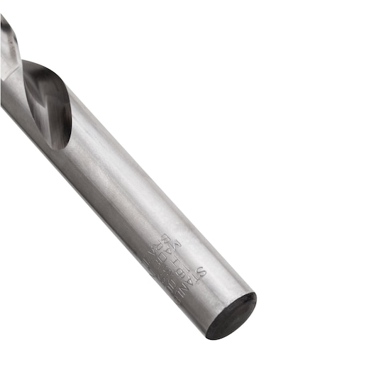 Photo of STANLEY STA50160T metal drill bit, close-up angle, silver finish, product details engraved on shank.
