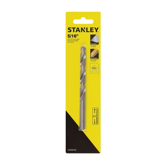 Photo of STANLEY STA50516C HSS drill bit 5/16 inch in retail packaging, front angle, yellow and black card.