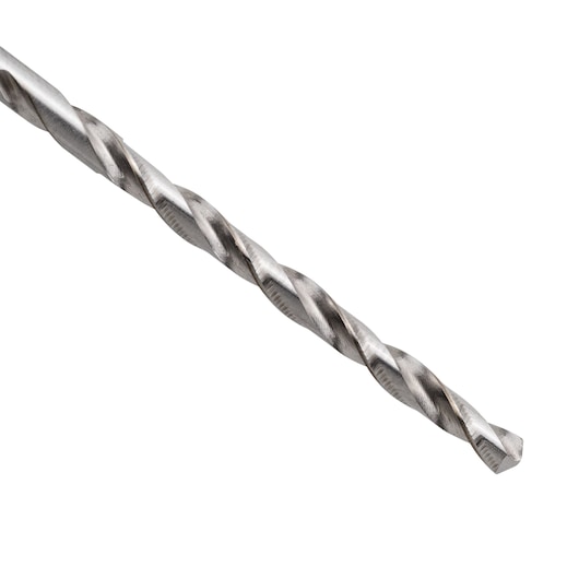 STANLEY STA50764C drill bit, silver metal, close-up side view on white background, photography.