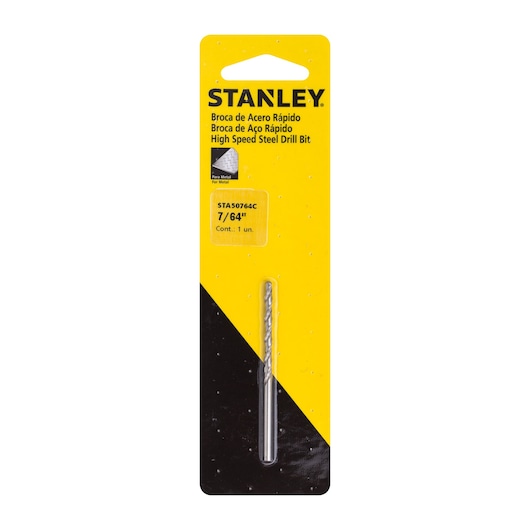 STANLEY STA50764C high speed steel drill bit 7/64 inch in retail packaging, front view, yellow and black card.