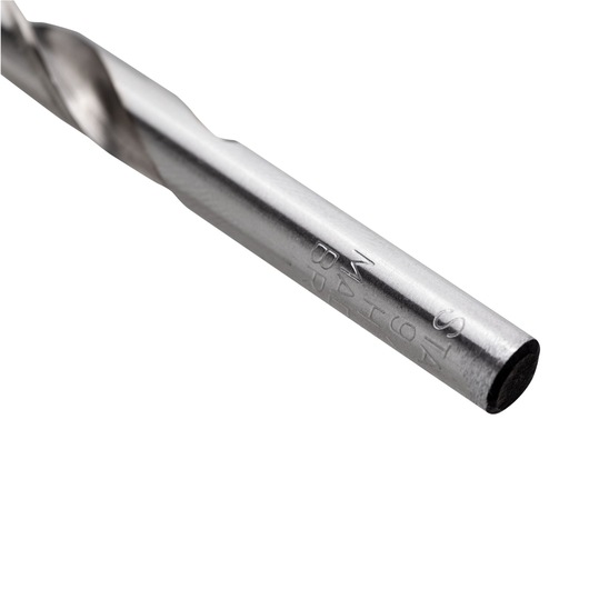 STANLEY STA50932C metal drill bit close-up on white background, cylindrical silver shaft and engraved markings.