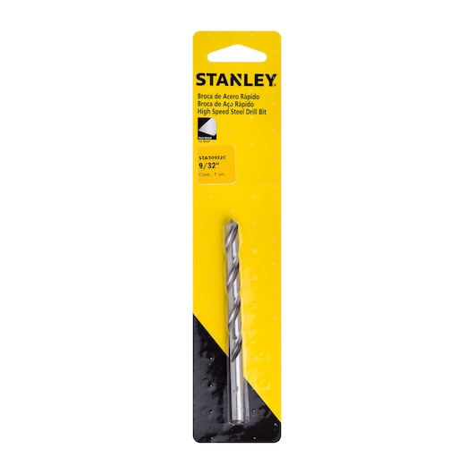 STANLEY STA50932C high speed steel drill bit, 9/32 in, silver, front angle on branded yellow and black packaging.