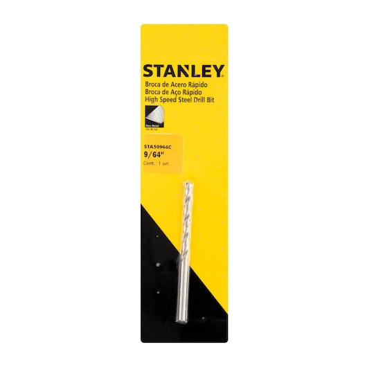 STANLEY STA50964C high speed steel drill bit, 9/64 inch, single piece, retail packaging, front angle.