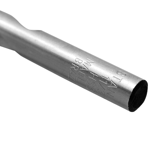 Stanley STA51132B metal drill bit, close-up angle, engraved markings visible, photography on white background.