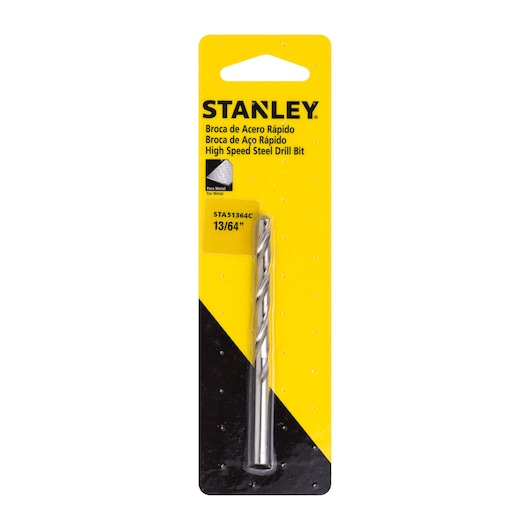 STANLEY STA51364C high speed steel drill bit 13/64 inch in retail packaging, front angle, yellow and black background.