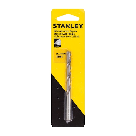 STANLEY STA51564C high speed steel drill bit 15/64 inch in retail packaging, front angle.