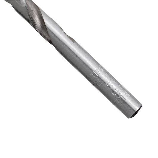 Photo of STANLEY STA51764B drill bit, silver metal, close-up on shaft, product photography, white background.