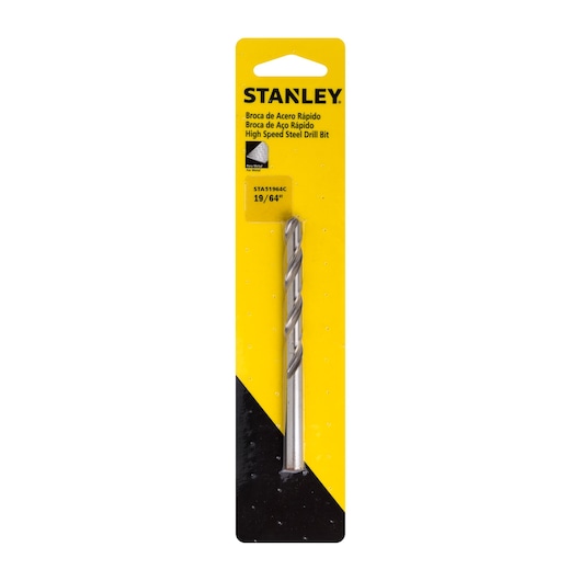STANLEY STA51964C high speed steel drill bit 19/64 inch in retail packaging, front angle.