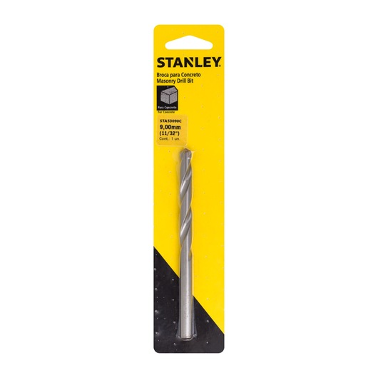 STANLEY STA53090C masonry drill bit, 9mm size, silver color, front angle on yellow packaging.