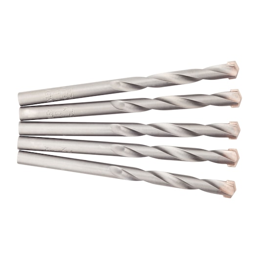 STANLEY STA53110B silver masonry drill bits set of five, side view on white background.