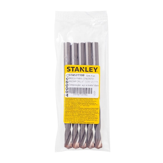 STANLEY STA53110B masonry drill bit set, pack of 5, steel and hard metal, front view on white background.