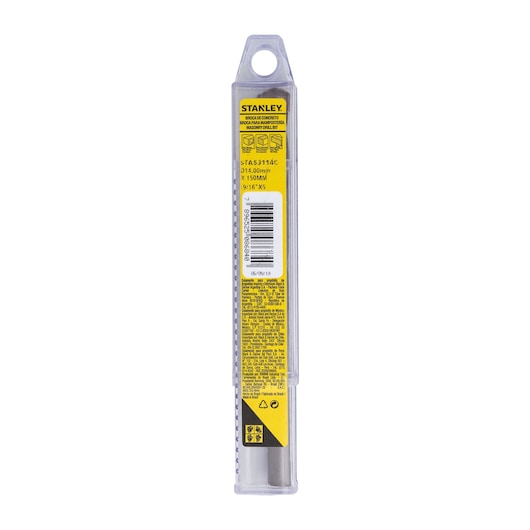 STANLEY STA53114C masonry drill bit set, yellow label, rectangular clear plastic case, rear view, white background.