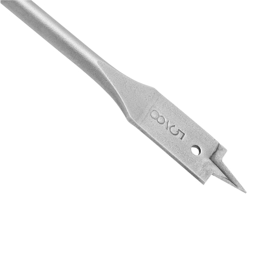 Photo of STANLEY STA57058B flat spade bit with sharp pointed tip, side angle on white background.