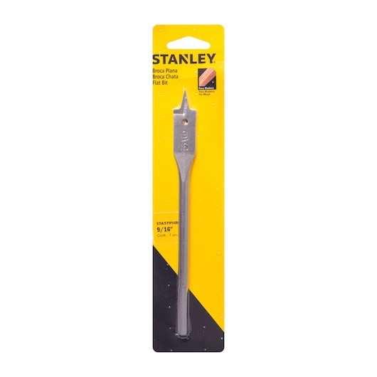 STANLEY STA57916B flat bit 9/16 inch, silver, in retail packaging, front view, tool for wood.