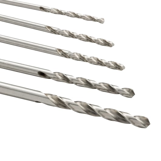STANLEY STA59001 metal drill bit set, photography of five silver bits on white background, angled view.