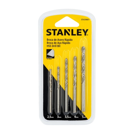 STANLEY STA59001 HSS drill bit set, five silver bits in plastic packaging, front angle on white background.