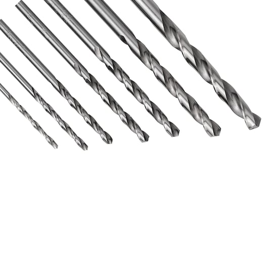 STANLEY STA59003 metal drill bit set, photography of eight silver bits in angled white background view.