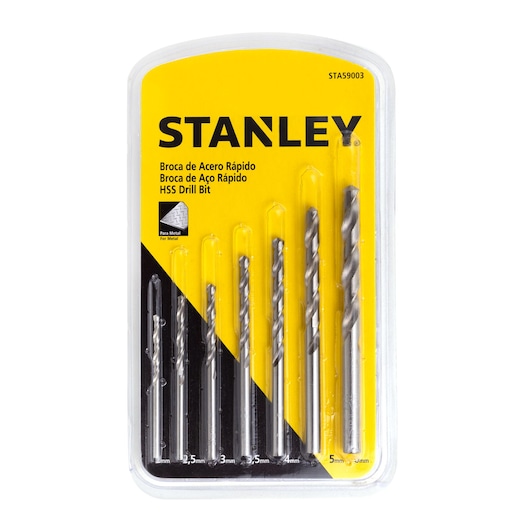 Stanley STA59003 HSS drill bit set, photo of front packaging with 6 metal drill bits on white background.
