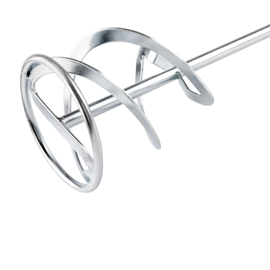 STANLEY STA6014MM metal spiral paint mixer attachment, angled side view, silver finish, photography product.