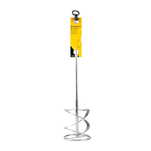 STANLEY STA6014MM metal spiral mixing paddle with yellow label, vertical angle, white background.
