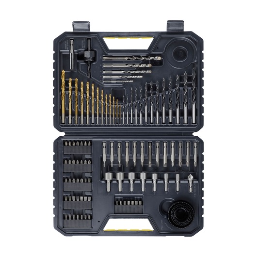 STANLEY STA7205 drill and bit set in black plastic case, top view, assorted sizes and types.